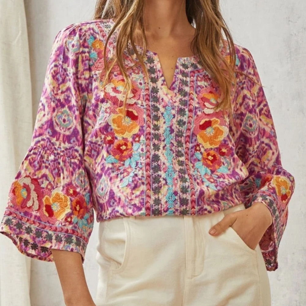 Savanna Jane Vibrant Floral Tunic Blouse - Pink and Orange NWT - Picture 2 of 9